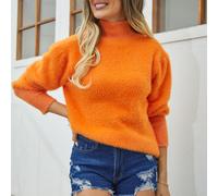 Damen Oranger hoher Kragen Flauschiger Strickpullover | Lockerer Schnitt, S-XL