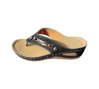 Damen Orthopädische Sandalen Sale Frauen Keilabsatz Flip Flops Sandals Metall-Knopf Sandaletten Leder Stoff Sandal Leicht Zehentrenner Pantoffeln rutschfeste Gummisohle Schuhe Strand Slippers