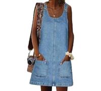 Damen Overall Casual Vintage Jeanskleid Rundhals Ärmellos Mini Denim Pullover Rock, Blau, Klein