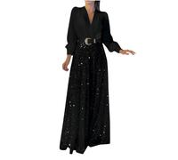 Damen Overall mit Pailletten Eleganter Glitzer Jumpsuit Party Einteiliges Outfit Hosenanzug Sale Playsuit mit Gürtel Romper Frauen Casual Sexy V-Ausschnitt Langarm Weites Bein Sommerhose Strampler
