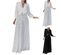 Damen Overall mit Pailletten Eleganter Glitzer Jumpsuit Party Einteiliges Outfit Hosenanzug Sale Playsuit mit Gürtel Romper Frauen Casual Sexy V-Ausschnitt Langarm Weites Bein Sommerhose Strampler