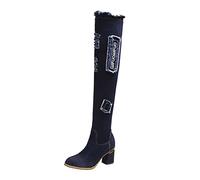 Damen Overknee Jeans Stiefel Blockabsatz Denim Langschaft Stiefel mit Cut Out und Reißverschluss Herbst Winterschuhe Damen Overknee Stiefel High Heels Sretch Boots Vintage Denim Langschaftstiefel