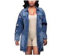 Damen Oversize Jacke - Vintage Jeansjacke für Damen Jeansmantel für Teenager mit Tasche Manteltasche Offizier, blau, Large