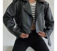 Damen Oversize Kunstleder Bikerjacke mit Gürtel, Reißverschluss-Detail & überschnittenem Schulter