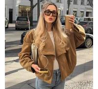 Damen Oversize Kurzjacke aus Kunstwildleder mit großem Revers, überschnittenem Schulterdesign, lockeren Fledermausärmeln, Streetwear-Stil