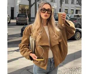 Damen Oversize Kurzjacke aus Kunstwildleder mit großem Revers, überschnittenem Schulterdesign, lockeren Fledermausärmeln, Streetwear-Stil