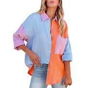 Damen Oversize Langarmshirt Colour-Blocking Elegantes Langarm Hemd Top Oversized Sommer Kurzarm Blusen Langärmeliges Shirt Oberteile Elegant Shirts Bluse Einfarbig Basic Unterhemd Top (Blue, XXL)