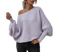 Damen Oversize Pullover Vintage Lässiger Damen-Strickpullover mit Rundhalsausschnitt und Langen Fledermausärmeln, solide, weiche, lockere, gerippte Pullover-Oberteile Sicherheitsnadeln (Purple, XL)