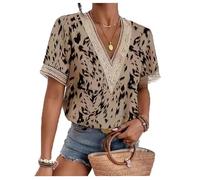 Damen Oversize Shirt Elegant Spitze V-Ausschnitt Oberteile Tunika Damen Sommer Tshirt Tee Shirts Bluse (DE/NL/SE/PL, Alphanumerisch, XL, Regular, Regular, Braun)