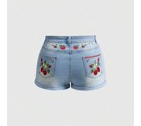 Damen Oversize Sommer Denim Shorts, umgeschlagener Saum, besticktes Cartoon Erdbeermuster, Lässig Stil
