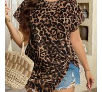 Damen Oversize T-Shirt mit Leopard Muster, rundem Ausschnitt und Twist-Detail an der Seite, kurzärmlig, geeignet für Sommerurlaub, Business-Casual und
