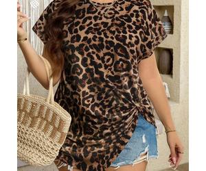 Damen Oversize T-Shirt mit Leopard Muster, rundem Ausschnitt und Twist-Detail an der Seite, kurzärmlig, geeignet für Sommerurlaub, Business-Casual und