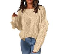 Damen Oversized Fuzzy Strickpullover mit Quaste Verzierung lässiger Komfort Langarm Design weicher Wollmix (A, M)