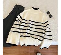 Damen Oversized Gestreifter Strickpullover mit Boxiger Passform, Winterlicher Lässig Pullover mit Schwarz-Weiß Muster und Weiten Ärmeln, Klassischer G