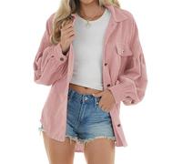 Damen Oversized Langarm Cordjacke mit Knopfleiste, Lässige Loose Fit Bluse für Herbst Winter Arbeit Alltag (Rosa, L), rose, L