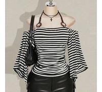 Damen Oversized Y2K Retro gestreiftes Off-Shoulder Shirt mit Glockenärmeln und Trägerkragen, avantgardistisch, Streetwear, lässiges gestreiftes Strick