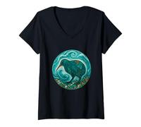 Damen Ozean-Kiwi-Mosaik, rund T-Shirt mit V-Ausschnitt