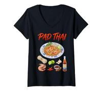 Damen PAD Thai Liebhaber Garnelen Nudeln Asiatische Küche T-Shirt mit V-Ausschnitt