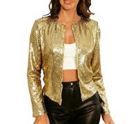 Damen Pailletten Blazer Langarm Vorne Offen Bolero Blazerjacke Glitzer Festlich Party Cardigan Jacke Kurz Casual Business Strickjacke Glänzende Elegant Bolerojacke Schulterjacke Outwear (Gold, M)