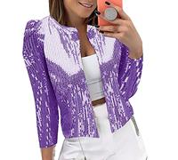 Damen Pailletten Blazerjacke mit Glitzer Langarm Bomberjacke Slim Fit Pailletten Jacke Kurz Sakko Einfarbig Blazermantel Party Outwear Cardigan Tops Teenager Mädchen Streetwear Party (Z06-1-Purple, M)