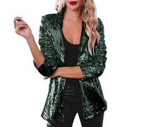 Damen Pailletten Jacke mit Glitzer Langarm Bomberjacke Slim Fit Pailletten Jacke Elegant Kurz Sakko Einfarbig Blazermantel Party Outwear Cardigan Tops Teenager Mädchen Streetwear Party (Green #1, XXL)