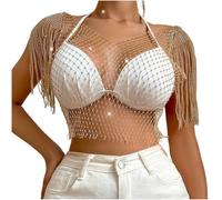 Damen Pailletten Oberteil Glitzer,Strass Mesh Top Shirt Bikini Kristall BH Körperkette Rave Fransen Crop Top Körperschmuck für Damen Schwarze Strasssteine Tops für Nachtclub Party Festival