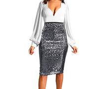 Damen Pailletten Rock Silber Midi, Bleistiftrock Knielang Kurz Glitzer Minirock Hohe Taille Sexy Wickelrock Skirt Glitzer Minirock Herbstrock Rock Cocktail Kleid Fur Rave Festival Party Karneval