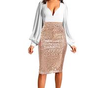 Damen Pailletten Rock Silber Midi, Bleistiftrock Knielang Kurz Glitzer Minirock Hohe Taille Sexy Wickelrock Skirt Glitzer Minirock Herbstrock Rock Cocktail Kleid Fur Rave Festival Party Karneval