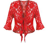 Damen Pailletten-Spitzen-Schnürung 3/4-Glockenärmel Shrug Bolero Stretch Cropped-Top Übergröße 12-28, rot, 42-44