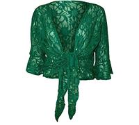 Damen Pailletten-Spitzen-Schnürung 3/4-Glockenärmel Shrug Bolero Stretch Cropped-Top Übergröße 12-28, jadegrün, 38-40