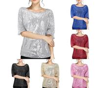 Damen Pailletten Tops Glitzer Shirt Kurzarm Oberteile Schön Glänzend Pailletten Tops Tshirt Elegant Festlich Damen bluse Mode Abend Party Wedding Glitzertop Bluse (Silber, XL)