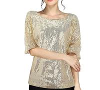 Damen Pailletten Tops Glitzer Shirt Kurzarm Oberteile Schön Glänzend Pailletten Tops Tshirt Elegant Festlich Damen bluse Mode Abend Party Wedding Glitzertop Bluse (Gold, XXL)