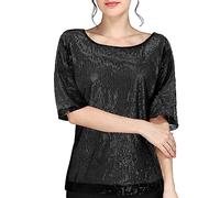 Damen Pailletten Tops Glitzer Shirt Kurzarm Oberteile Schön Glänzend Pailletten Tops Tshirt Elegant Festlich Damen bluse Mode Abend Party Wedding Glitzertop Bluse (Schwarz, XXL)