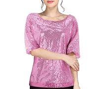 Damen Pailletten Tops Glitzer Shirt Kurzarm Oberteile Schön Glänzend Pailletten Tops Tshirt Elegant Festlich Damen bluse Mode Abend Party Wedding Glitzertop Bluse (Rosa, XXL)