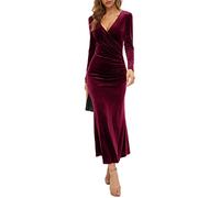 Damen Paket Hip Rock V-Ausschnitt Slim Business Mid-Waist Langarm Samt Fishtail Kleid Abendkleid