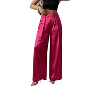 Damen-Palazzo-Hose aus Satin, weites Bein, seidig, zum Überziehen, Partykleid, Freizeithose, Rot / Pink, M