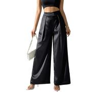 Damen-Palazzo-Hose aus Satin, weites Bein, seidig, zum Überziehen, Partykleid, Freizeithose, Schwarz, Large Kurze Schlauch