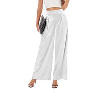 Damen-Palazzo-Hose aus Satin, weites Bein, seidig, zum Überziehen, Partykleid, Freizeithose, Weiss/opulenter Garten, XX-Large