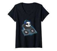 Damen Panda Bär DJ Disc Jockey Turntable Disco Musik Musiker Pop T-Shirt mit V-Ausschnitt