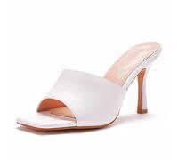 Damen-Pantoletten mit Stilettoabsatz und offener quadratischer Zehenpartie, Bequeme, niedrige Absätze, sexy Pumps für Abendpartys, Abschlussball, Tanzschuhe,Weiß,39 EU