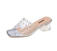 Damen Pantoletten Sommer Mitte Blockabsatz Pumps Mit Transparent Strass Riemchen Modische Strand Party Quadratische Zehen Schuhe Mit Auffälligem Design