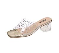 Damen Pantoletten Sommer Mitte Blockabsatz Pumps Mit Transparent Strass Riemchen Modische Strand Party Quadratische Zehen Schuhe Mit Auffälligem Design