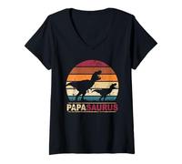 Damen Papasaurus Rex Vater Dinosaurier Familien Dino Papa Saurus T-Shirt mit V-Ausschnitt