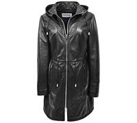 Damen-Parka aus echtem Leder, mit Kapuze, 3/4-Länge, Schwarz, Schwarz , 38
