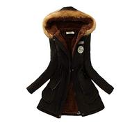 Damen Parka Lang Mantel Jacke Warm Winterjacke mit Kunstpelz Kapuze Schwarz M