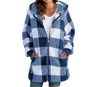 Damen Parka Übergang Winter Mantel Damen-Plüschmantel mit langen Ärmeln, kariertem Kapuzenreißverschluss und lockerem Mantel mit Tasche Winter Coat (Blue, XXL)