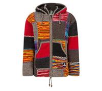 Damen Patchwork Wolljacke - SHAKALOHA - Spitzenqualität Strickjacke in braun und orange Farben mit Strickmuster mit Kapuze -W Patch NH LBrown - fleecegefütterte Nepal Wolljacke. - L