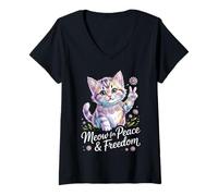 Damen Patriotic Peace Kitty - Meow for Freedom - 1776 USA Spirit T-Shirt mit V-Ausschnitt