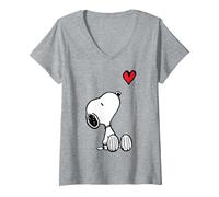Damen Peanuts Herz sitzend Snoopy Langarm T-Shirt mit V-Ausschnitt, Grau Meliert, XL