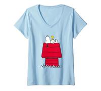Damen Peanuts - Snoopy Woodstock Die Hundehütte Original T-Shirt mit V-Ausschnitt, Himmelblau, XL